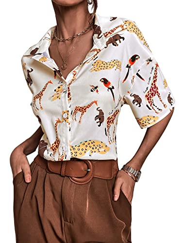 SweatyRocks Women's Short Sleeve Cute Print Button Down Shirt Tops4
