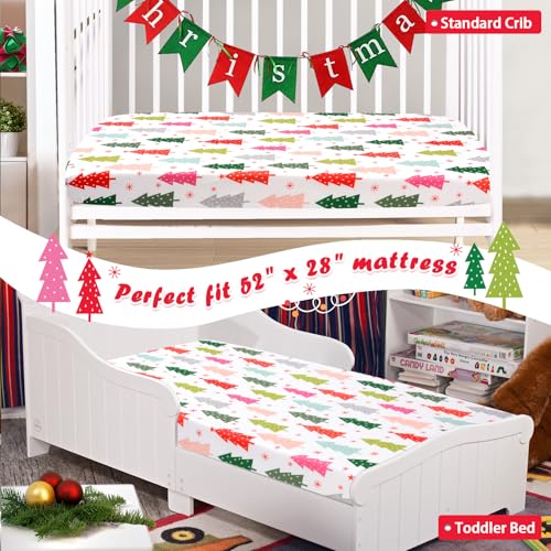 Image of JISEN Christmas Crib Sheet Colorful Tree Fitted Crib Sheet for Boys Girls Crib Mattress Cover Baby Sheet for Standard Crib and Toddler Mattress Soft Breathable Baby Bed Sheet for Neutral 52x28 Inch