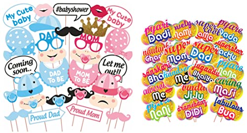 Image of Wobbox All Occasion Indian Family Photo Booth Party Props (18 Pieces) & Baby Shower Party Photobooth Props - Set of 30