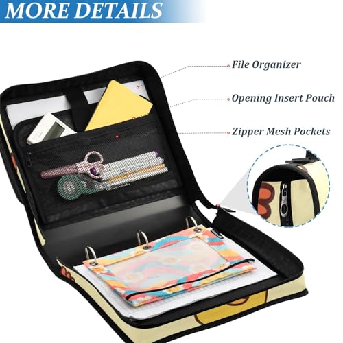 Image of 3 Ring Zipper Binder with Shoulder Strap Cute Chicken Yellow Farm 1.5 inch Binders Keeper Large Capacity Multi Pockets for School Office Supplies