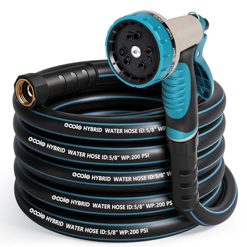 Garden Hose 25 ft x 5/8' with Nozzle, Water Hose Heavy Duty Flexible, Lightweight Kink-less Hybrid...