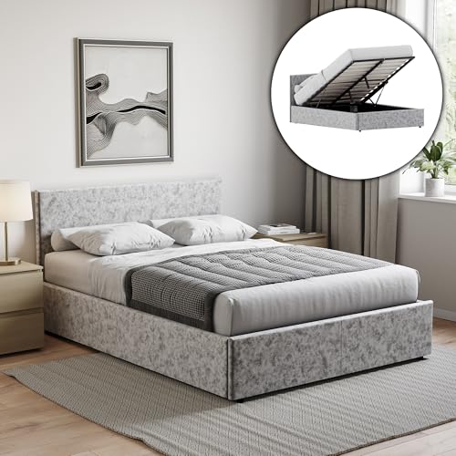 Vida Designs Veronica Double Ottoman Bed, 4Ft6 Bed Frame Storage Lift Upholstered Fabric Headboard Bedroom Furniture, Silver Velvet (UKFR Certified)