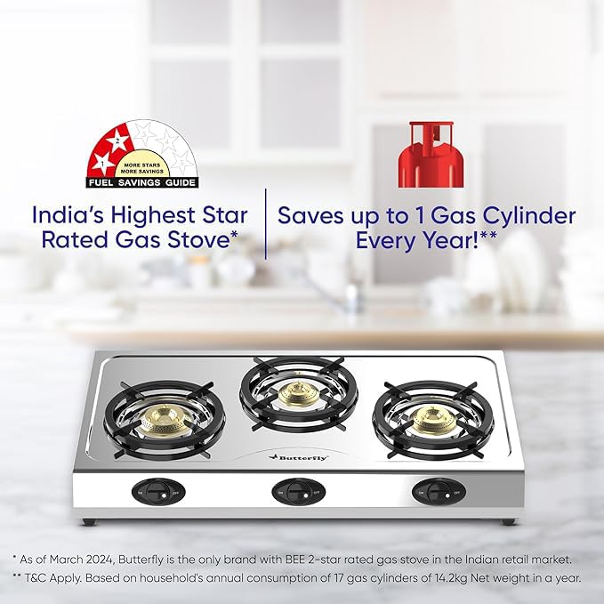 Butterfly Bolt Shakti 3B Stainless Steel Lpg Gas Stove | Saves 1 Gas Cylinder | India'S First BEE 2 Star Rated Gas Stove 