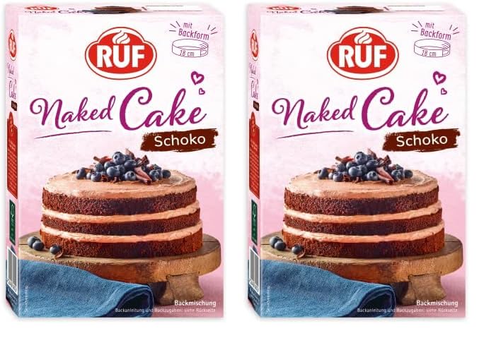 RUF Naked Cake Schoko, Backmischung für eine Schokoladen-Sahnetorte mit Backform, geeignet für Schokokuchen, Geburtstagstorten, Hochzeitstorten, 1 x 300g (Packung mit 2)