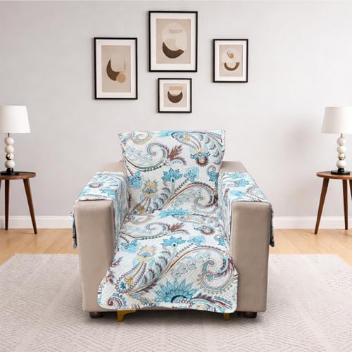 Image of Homerz Premium 1 Seater Quilted Reversible Sofa Cover Mat with Pocket Arms | Polyester Blend 350 GSM Full Coverage & Back Belt for Stability (Floraya, 1 Seater)