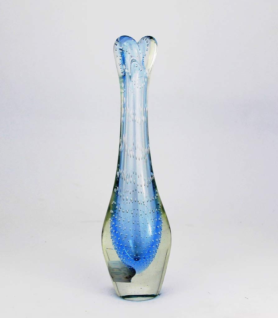HolmegaardPer Lutken glass Retro vintage glass vase - 50/60 years - Næb Vase design. (Beak Vase) - Measures: 318 gr. 18 cm high & 4.5 cm diameter. Blue - Bubbles - Second-hand Item