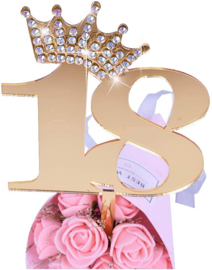 Crown Gold Glitter Happy Birthday Cake topper - Forever 18 Party Favors - 18th Birthday Party Decoration-18th Anniversary Party Decoration quality acrylic Gold