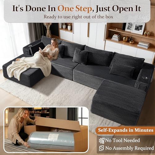 Image of 138 inch Oversized Cloud Sectional Couch, Comfort U Shaped Boneless Couch for Living Room, Extra Deep Seats No Assembly, Modular Sofa, Corduroy (Dark Grey, 3 Seater+Right Facing Chaise+Ottoman)