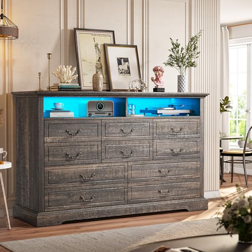 Romorgniz 10 Drawer Dresser for Bedroom, Large Farmhouse Dresser with LED Lights & Charging Station for Bedroom, Rustic Oak