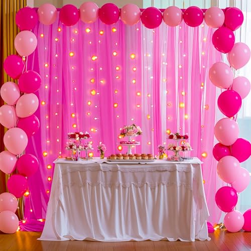 10x10ft Hot Pink Tulle Backdrop Curtain with Lights String for Parites, Sheer Backdrop Curtains for Wedding Baby Shower Birthday Party Photo Shoot Decorations - Thumbnail 7