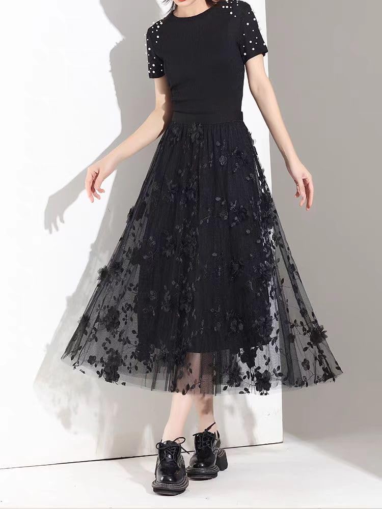 Women's Midi Tulle Skirts Floral Embroidery Layered Print Fairy Skirts Elastic Waist A-Line Mesh Skirt - Image 3