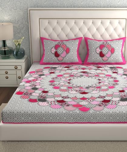 Image of KOUNDAL Rajasthani Jaipuri Sanganeri Printed 144 TC 100% Cotton Bed Sheet Set for Double Bed,Floral Print, Double Bedsheet Cotton with 2 Pillow Covers (Pink, King)