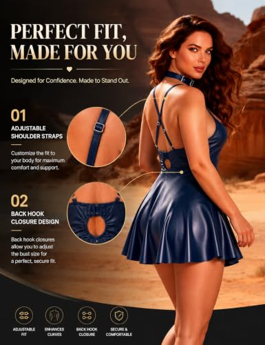 Image of ohyeah Faux Leather Lingerie Set for Women Plus Size PU Lingerie V Neck Backless Babydoll Chemise Mini Lingerie Dress