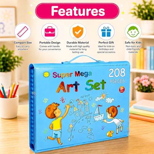 Image of WISHKEY 208 Pieces Art Set for Kids with Storage Case, All in One Art and Craft Supplies Kit for Drawing and Painting with Marker, Watercolor, Pens, Crayons, Color Pencils (Pack of 1, Blue)