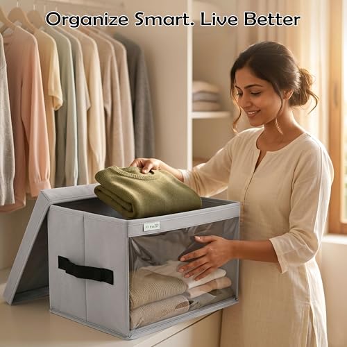 Image of JD FRESH Foldable Cloth Cover Storage Box With Lid /Wardrobe Clothes Organizer /Storage Basket /Space Saving Storage /Collapsible Clothes Organizer /Cupboard Storage Box for Shirts, Pants (Grey Pack of 6)