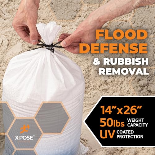 Image of Xpose Safety Heavy Duty Sand Bags with Tie Strings - Empty Woven Polypropylene Sandbags for Hurricane Flood Protection, 50 lb Capacity, 14 inch x 26 inch, White, Pack of 1000