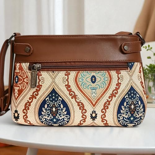 Image of JUGNU Sling Bag for Women, Jute Fabric, Crossbody Style, Slim Design, Multicolour, Medium Size, Lightweight, Adjustable Strap, Zipper Closure, 5 Pockets