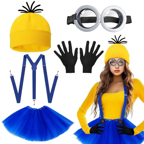 Lot de 5 accessoires de costume jaune pour adulte avec lunettes, gants noirs, bonnet, jupe tutu, bretelles bleues, costumes de fête pour Halloween, cosplay, fête
