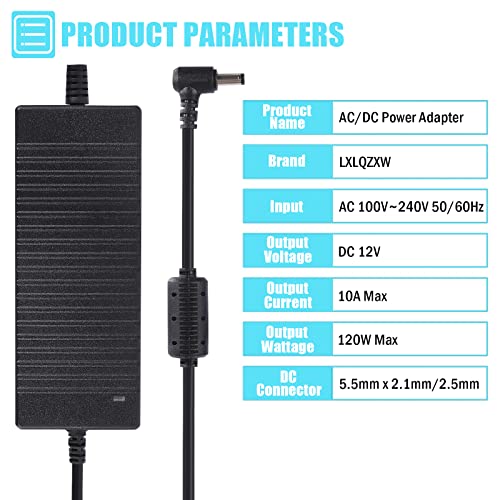 AC 100-240V to DC 12V 10A Power Supply Adapter Converter Transformer 12 Volt 10 Amp 120W with 5.5mm x 2.5mm /2.1mm DC Output Jack for 5050 3528 LED Strip Light CCTV Cameras 3D Printer2