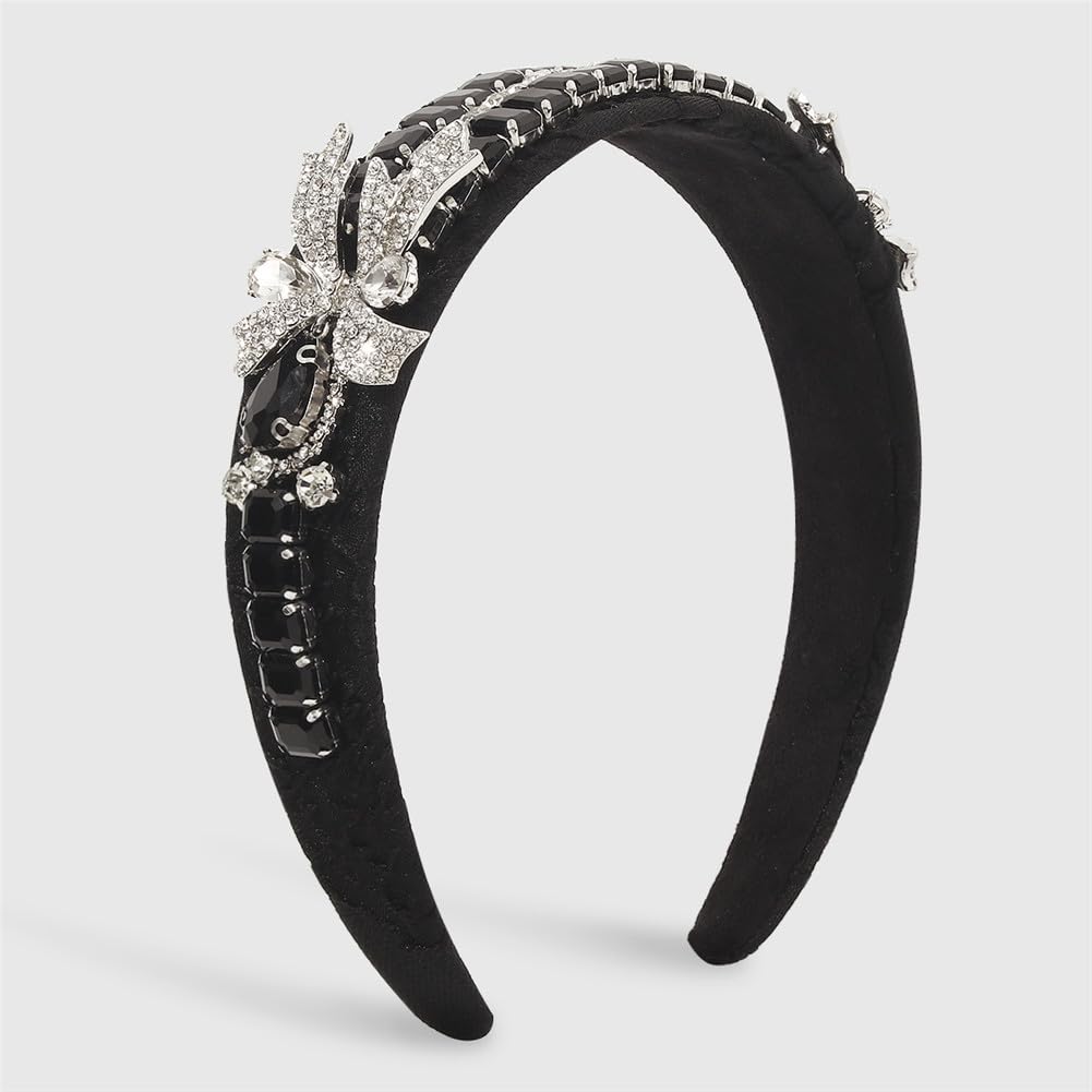 Youllyuu Fascia per capelli con fiocco laterale con strass barocco squisito cristallo multicolore ricamo geometrico fascia per capelli accessori per capelli nero