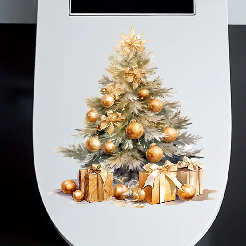 Christmas Cheer Toilet Cover Sticker Decals,Fish Bird Flower Leaf Waterproof Toilet Lid Tank Seat Decals Cistern Self-Adhesive Bathroom Wall Sticker