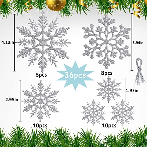 36 Pack Silver Snowflake Ornaments Plastic Glitter Snow Flakes Ornaments For Winter Christmas Tree Decorations Size Varies Craft Snowflakes #TOP3