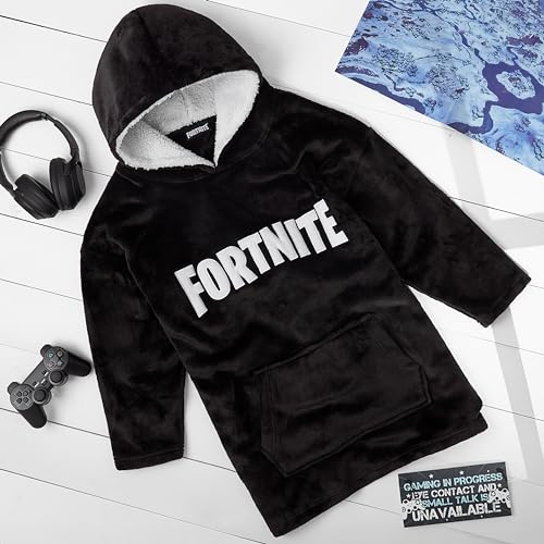 Fortnite Oversized Hoodie, Sudadera Manta con Capucha para Niños y Adolescentes +14 Poncho Manta Extra Largo Regalos para Gamers (Negro Print Niños)