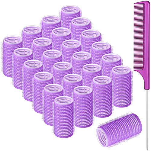 25 Pieces Hair Rollers Set, Includes 24 Pieces Self Grip Hairdressing Curlers Self Holding Rollers and Stainless Steel Pintail Comb Rat Tail Comb for DIY Hair Salon (3 cm, Dark Purple)
