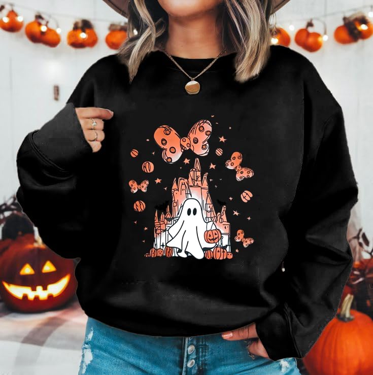 Halloween Sweatshirts for Women: Oversized Ghost Castle Sweatshirt Cute Spooky Season Sweater Fall Pullover Tops - Image 2