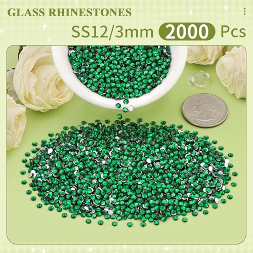 Image of 2000PCS SS12 /3mm Crystal Glass Rhinestones for Bedazzling (Emerald Green) | Flatback Rhinestones for Crafting DIY Nail Art Makeup Decoration, Gems Diomand Charms for Tumbler Shoes Clothing Mug