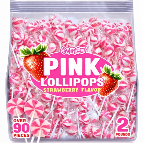 Pink Strawberry Lollipops, 2 lb, Approx. 90 Individually Wrapped Suckers