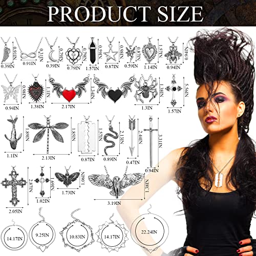 Bonuci 30 Pieces Grunge Necklace Set Goth Cross Necklace Y2K Necklace Punk Rock Vintage Harajuku Gothic Angel Heart Feather Chain Choker Necklace Jewelry Costume Accessories (Classic Style) #TOP1