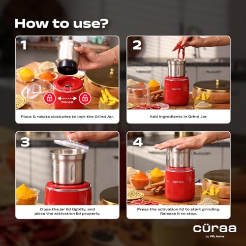 Image of Curaa AroMix Electric Spice Grinder by Chef Sanjyot Keer | 300W Copper Motor | Dry Spice, Coffee Bean & Herb Grinder | 2-Leaf Stainless Steel Blade | Detachable SS Jar | 300ml | 1 Year Warranty