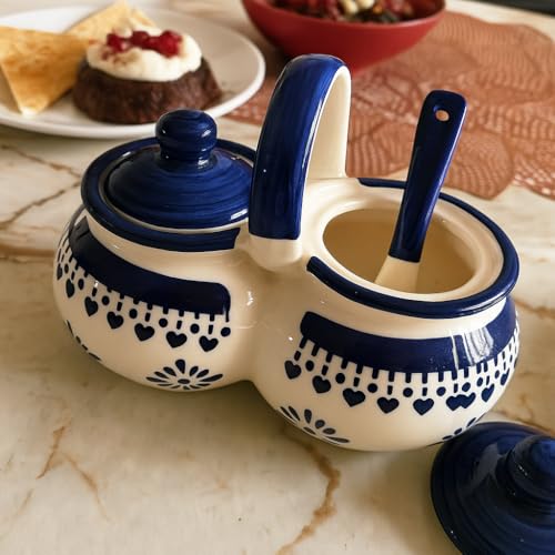 Image of Niyara Multipurpose Storage Ceramic Pickle set Jars & with Lid & tray (Set of 2, 300 ML) (Blue floral design)
