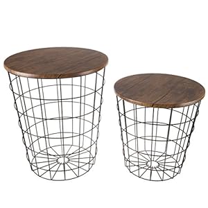 Lavish Home End Tables Set of 2 – Nesting Tables with Removable Wood Tops and Metal Basket Bases for Blanket Storage – Round Side Pieces for Living Room, Bedroom, or Home Office (Brown/Black)