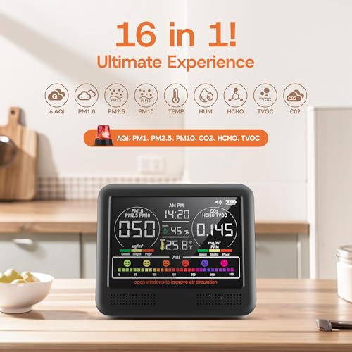 Image of 16-in-1 Indoor Air Quality Monitor with PM1.0,PM2.5,PM10,CO2,HCHO,TVOC,Temperature,Humidity,Time Display &7 AQI Alarms - Professional Air Quality Tester for Home, Office & Indoor Use (Shinning Black)