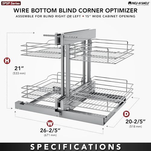 Image of Rev-A-Shelf Chrome Two-Tier Wire Bottom Pullout Organizer with Soft-Close for Blind Corner Base Kitchen Cabinets, Adjustable 4-Basket Storage System, Min Opening Width of 15 inch, 5PSP-15SC-CR