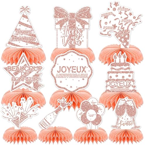 AUGSUN 10 Pièces Centre de Table Anniversaire Décorations, Anniversaire Français Fête Decoration Joyeux Anniversaire Accessoires, Rose Doré