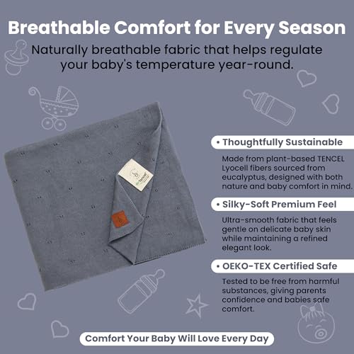 Image of Pointelle Double Layer 100% Tencel Baby Blanket - Breathable Temperature Regulating - Oeko-TEX Certified - 30x40 inch - Gift Box with Ribbon (Grey Blue)