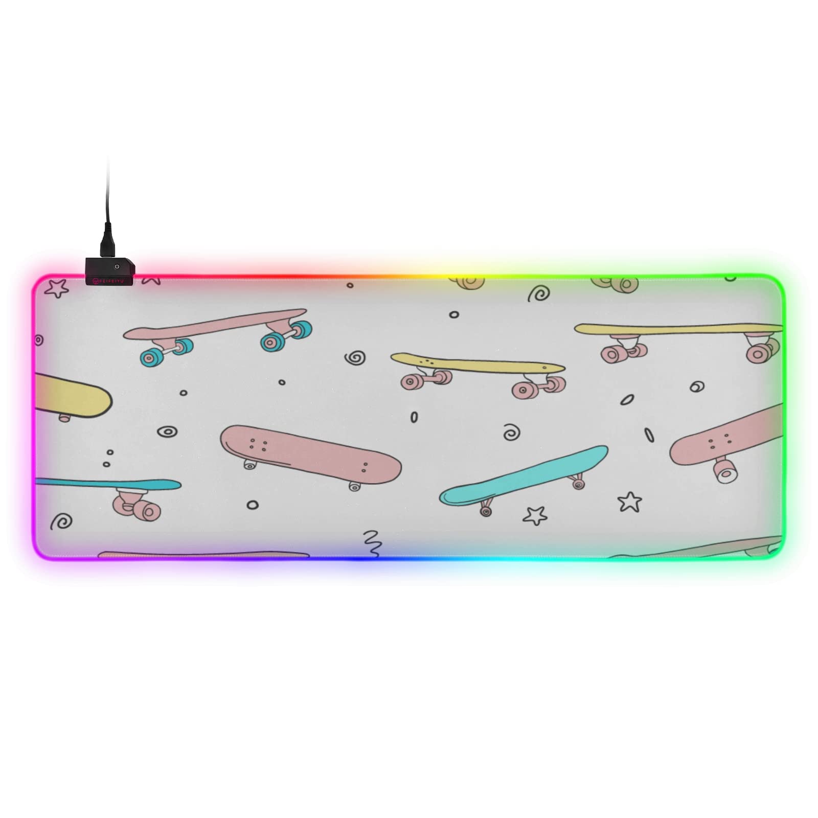Large RGB Gaming Mouse Pad Skateboard Doodle Pattern Extreme Style Graphic Glowing Extended Mousepad Soft Anti-Slip Rubber Base
