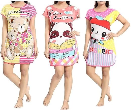 New Crush Women Girls (Pack of 3) Cartoon Print Short Nighties T-Shirts, Print May Vary Multicolour Free Size