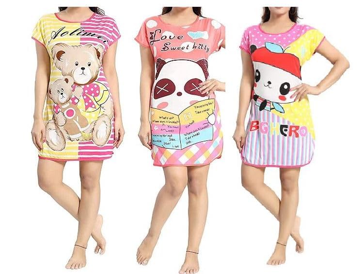 New Crush Women Girls (Pack of 3) Cartoon Print Short Nighties T-Shirts, Print May Vary Multicolour Free Size - Review, Price and Buying Guide