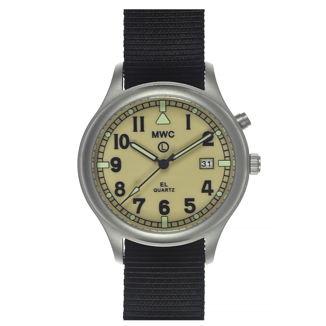 MWC G10 Swiss Quartz FULL LUME PUSH Acier Date Tissu Beige Noir Militaire Montre Homme