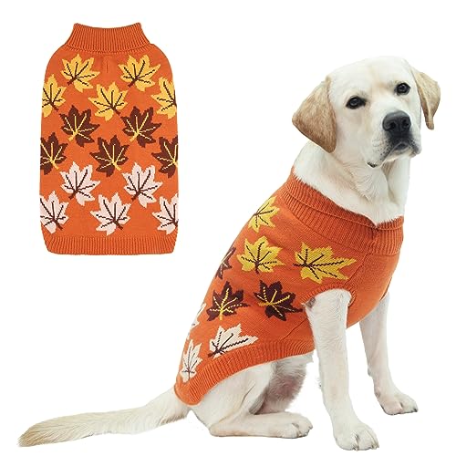 KOOLTAIL Fall Dog Sweater Thanksgiving Dog Sweater with Autumn Maple Leaf Pattern Cold Weather Pet Knitted Winter Coats Clothes Turtleneck Pullover for Small Medium Large Dogs Cat Boy Girl Orange L