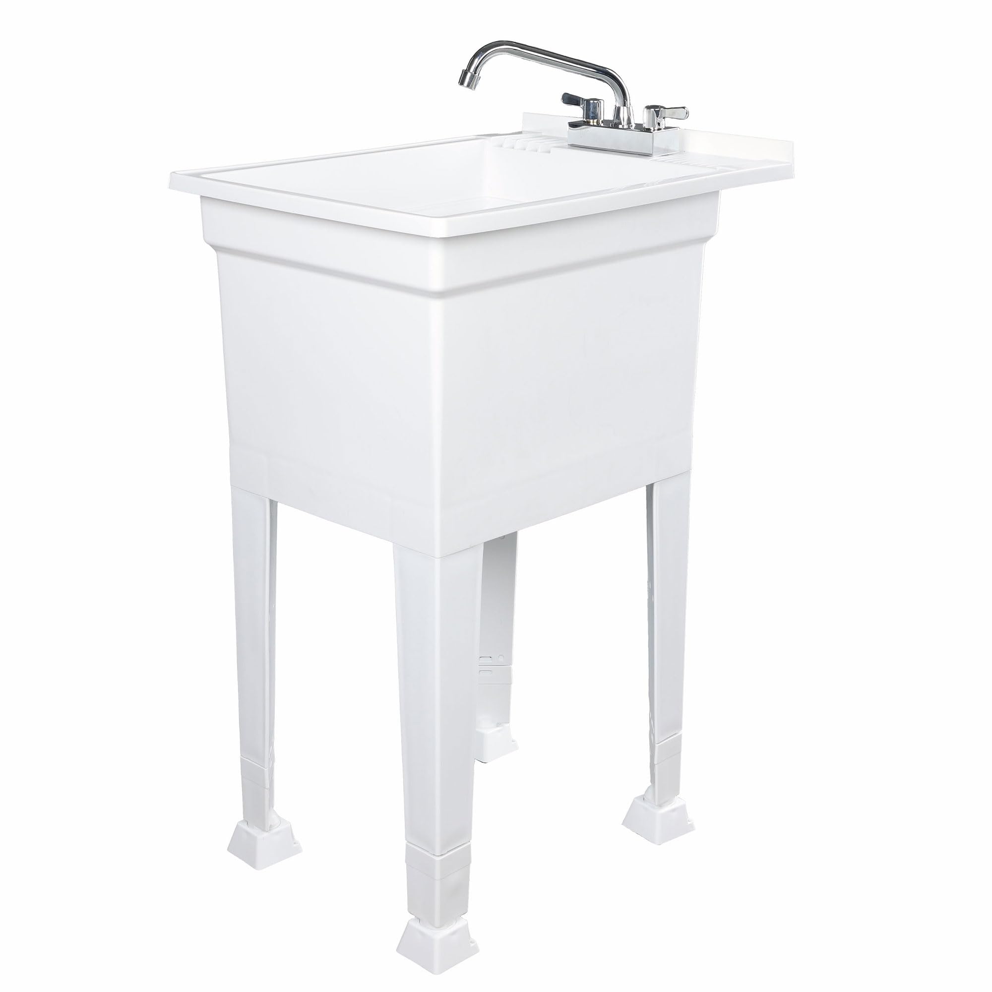 18 Inch Plastic Freestanding Utility Tub Sink with Heavy Duty Stainless Steel Swing Faucet for Garage, Laundry Room, and Garden, White
