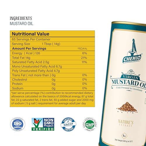 Image of Chekko Cold Pressed Mustard Oil 1 litre | Kachi Ghani Yellow Mustard Oil | Wood Pressed Edible Cooking Oil for Frying, Pickles, Sauteing & Traditional Indian Cooking | Natural Unrefined Mustard Oil Bulk Pack