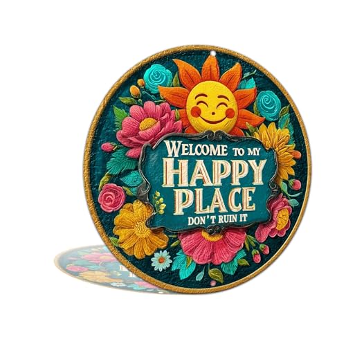 Welcome to My Happy Place Don't Ruin It Metal Tin Sign for Bedrooms Kitchens Dining Rooms Bar Office Wall Decor 8x8 Inch Round (25147) - Cosy Home Interiors Welcome to My Happy Place Don't Ruin It Metal Tin Sign for Bedrooms Kitchens Dining Rooms Bar Office Wall Decor 8x8 Inch Round (25147)