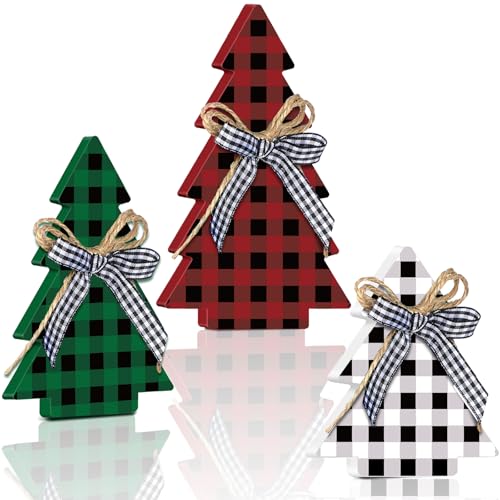 Yookeer Christmas Decor 3 Pieces Wood Table Rustic Christmas Tree Farmhouse Wooden Xmas Centerpiece for Small Table Xmas Trees Red Green Tiered Tray Party Decoration(Buffalo Plaid Style)