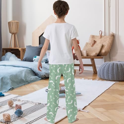 Boy's Pants Cartoon White Fish Bone Green Jogger Pants Elastic Waist Long Bottoms Trousers with Pockets 6-14 Years3