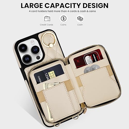 Keallce Case for iPhone 15 Pro Max 6.7'' Wallet Case, Crossbody Zipper Purse Handbag Wristlet for Women, RFID Blocking Card Holders, 360° Ring Kickstand Flip Leather Cover for iPhone 15 Pro Max, Beige